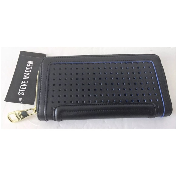 Steve Madden Perforated Black Blue Zip Wallet 8" - Picture 1 of 4